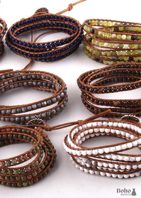 Pulsera Boho, RH, Pulsera de Cuero de 5 Capas, Piedras Naturales de 4 mm, Azul, Blanco y Negro